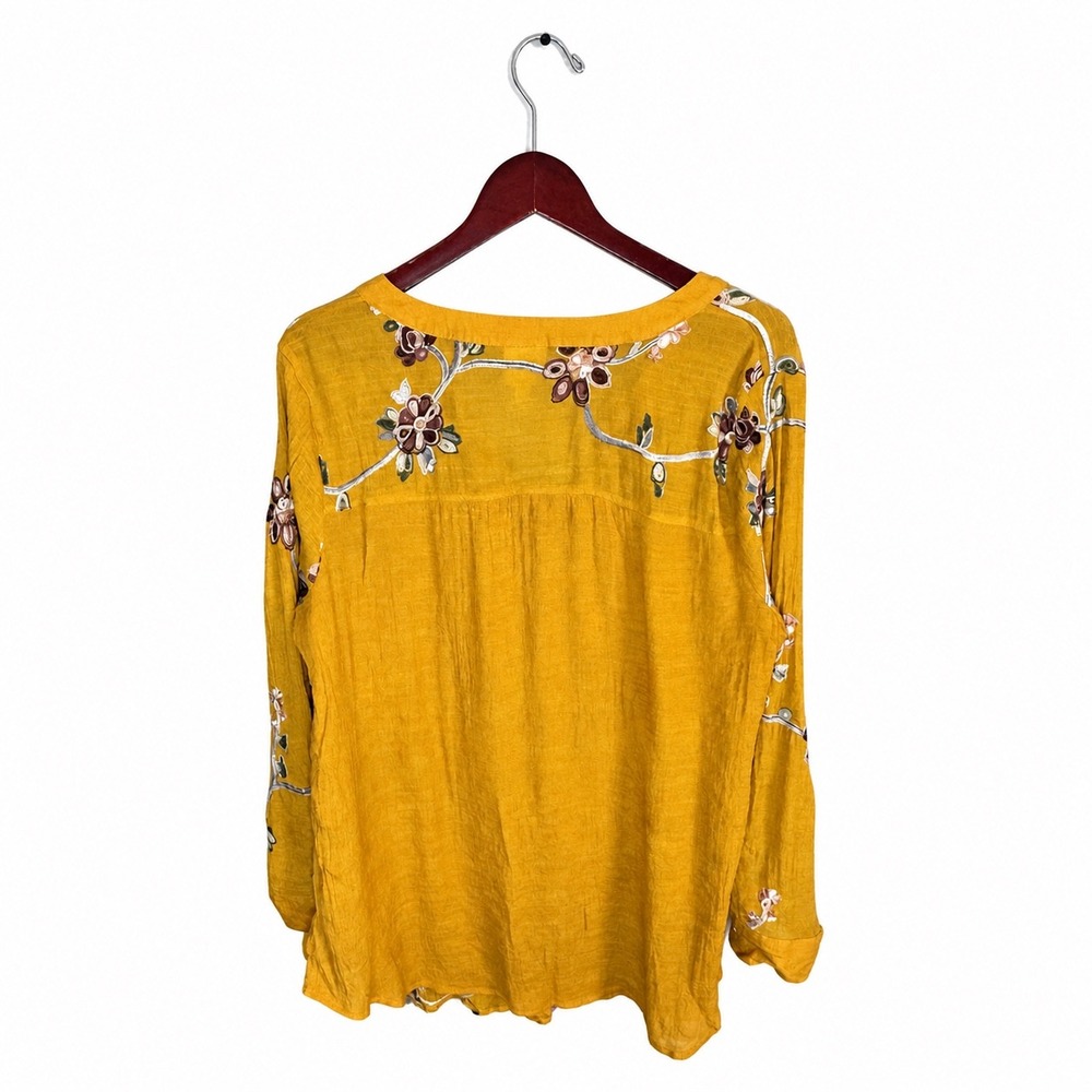 Fig & Flower 2X Mustard Yellow Embroidered Boho Blouse Floral Tunic Top Plus - Picture 3 of 7